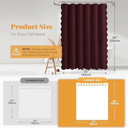 BTTN Extra Long Scalloped Linen Textured Shower Curtain, 72x96, Burgundy