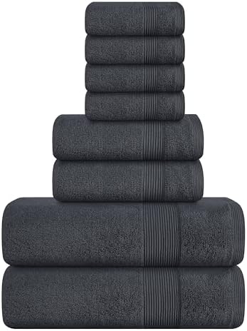Belizzi Home 8 Piece Towel Set 100% Ring Spun Cotton, 2 Bath Towels 27x54, 2 Hand Towels 16x28 and 4 Washcloths 13x13 - Ultra Soft Highly Absorbent Machine Washable Hotel Spa Quality - Grey