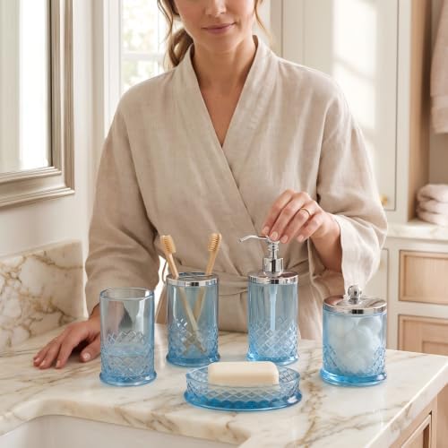 JKE Bathroom Accessories Set, 5-Piece Set with Vintage-Style Thick Glass Soap Dispenser, Toothbrush Holder, Soap Dish, and Cotton Swab Jar, Suitable for Bathroom Countertops, Blue