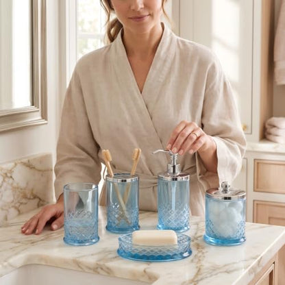 JKE Bathroom Accessories Set, 5-Piece Set with Vintage-Style Thick Glass Soap Dispenser, Toothbrush Holder, Soap Dish, and Cotton Swab Jar, Suitable for Bathroom Countertops, Blue