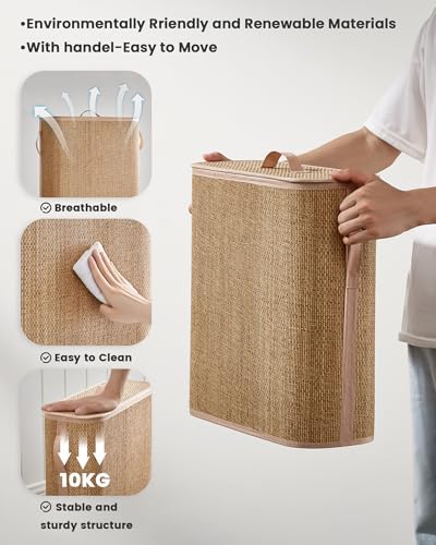 Bamboo Toilet Paper Storage Basket with Lid & Handle - 32L Large Capacity Handwoven Bathroom Organizer for 16 Rolls - Sturdy Stand Holder for Toilet Paper Organization, Carbon Brown