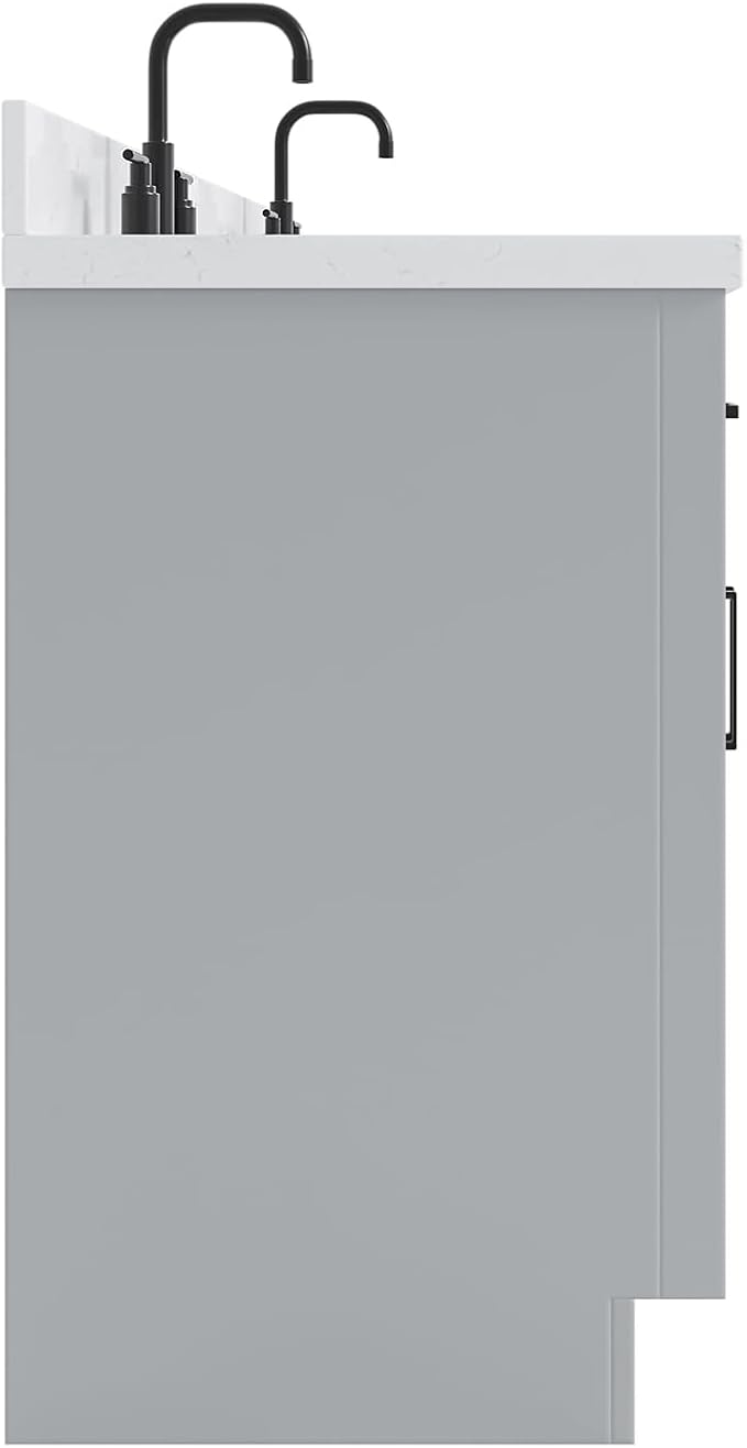 ARIEL Hepburn 60-inch Bathroom Vanity with Sink,Solid Wood, 1.5-inch Carrara White Quartz Countertop & Backsplash, Double Oval Porcelain Sink, 4 Soft Closing Doors, 6 Dovetail Drawers, Grey