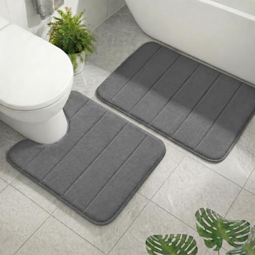 2 Piece Memory Foam Bath Mat Set, Extra Soft Absorbent Bathroom Rugs with U-Shaped Toilet Rug, Non-Slip Backing, Machine Washable, 24x16 + 20x20 U-Shaped, Dark Gray
