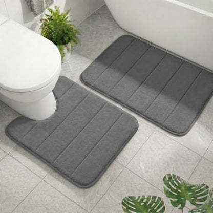 2 Piece Memory Foam Bath Mat Set, Extra Soft Absorbent Bathroom Rugs with U-Shaped Toilet Rug, Non-Slip Backing, Machine Washable, 24x16 + 20x20 U-Shaped, Dark Gray