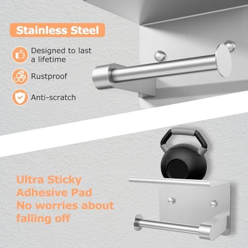 4 Piece Silver Bathroom Hardware Set, Stainless Steel Wall Mounted Towel Hooks, Ring & Oversized Toilet Paper Holder with Shelf, Modern Home Accessories for Bathroom, Washroom, Kitchens and RVs