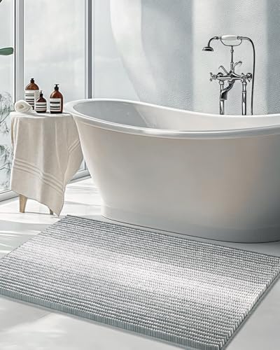 BSICPRO Large Chenille Bathroom Rugs, 24x43 Striped Bath Mats, Light Gray