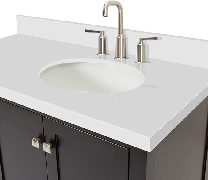 ARIEL Cambridge 42-inch Bathroom Vanity with Sink,Solid Wood, 1.5-inch Pure White Quartz Countertop & Backsplash, Single Oval Porcelain Sink, 2 Soft Closing Doors, 5 Dovetail Drawers, Espresso