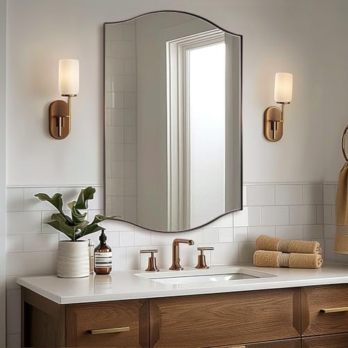 ANDY STAR 26"x38" Scalloped Mirror for Bathroom，Brushed Bronze Rectangle Wall Mirror with Curved Edge Stainless Steel Metal Frame, Wall-Mounted Mirror for Bathroom, Entryway, Living Room