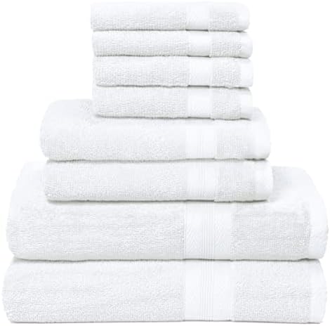 BOUTIQUO White Bath Towel Set - 8 Piece Set, 2 Bath 27x54, 2 Hand 16x28, 4 Wash 13x13 - 100% Ring Spun Cotton, Ultra Soft, Highly Absorbent