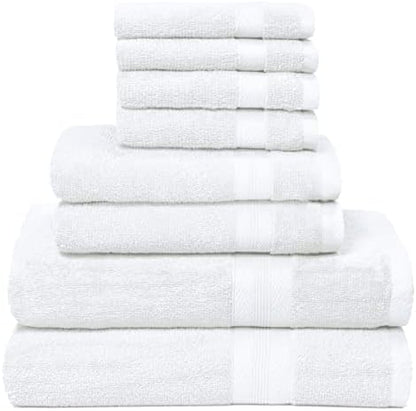 BOUTIQUO White Bath Towel Set - 8 Piece Set, 2 Bath 27x54, 2 Hand 16x28, 4 Wash 13x13 - 100% Ring Spun Cotton, Ultra Soft, Highly Absorbent
