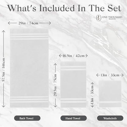 Premium Staple Cotton Bathroom Towel Set - White 600 GSM 6-Piece Luxury Bath Towel Set 3 Stripe - 2 Bath Towels, 2 Hand Towels & 2 Washclothes Set - High Absorbent & Quick Dry for Gym, Spa, Hotel