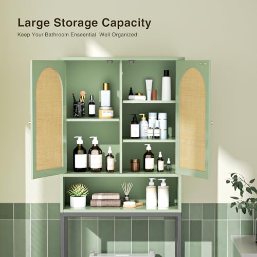 Befrases Rattan Toilet Storage Cabinet, Over the Rack Wood Cabinet with Metal Stand, Bathroom Organizer with Adjustable Shelf, Space Saving Cupboard for Small Bathrooms, Washer Shelf, Green
