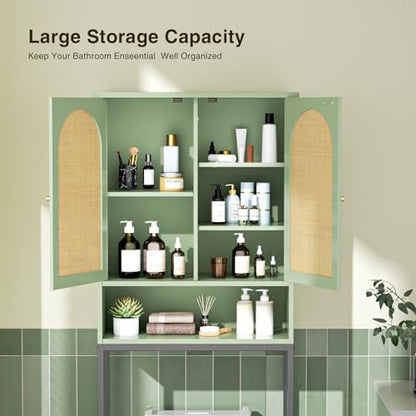 Befrases Rattan Toilet Storage Cabinet, Over the Rack Wood Cabinet with Metal Stand, Bathroom Organizer with Adjustable Shelf, Space Saving Cupboard for Small Bathrooms, Washer Shelf, Green