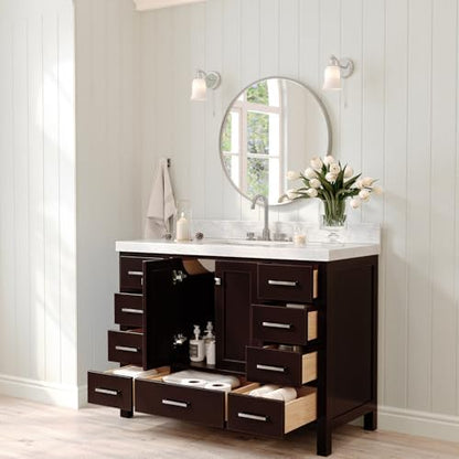 ARIEL Cambridge 48-inch Bathroom Vanity with Sink,Solid Wood, 2-inch Italian Carrara Marble Countertop, Single Rectangular Porcelain Sink, 2 Soft Closing Doors, 9 Dovetail Drawers, Espresso