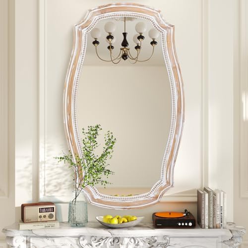 36x24 Inch Rustic Scalloped Wall Mirror, Distressed Wooden Beaded Mirrors