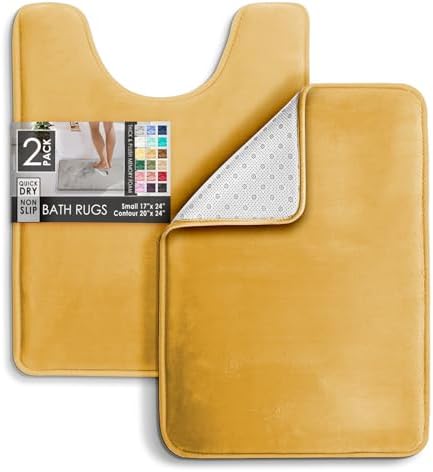 Clara Clark 2 Piece Bathroom Rugs, Velvet Memory Foam Bath Mat Set, Non-Slip Bath Rugs, Machine Wash, Dries Quickly, Ultra Soft Plush Bath Mats for Bathroom, 17 x 24 + Contour, Camel Gold