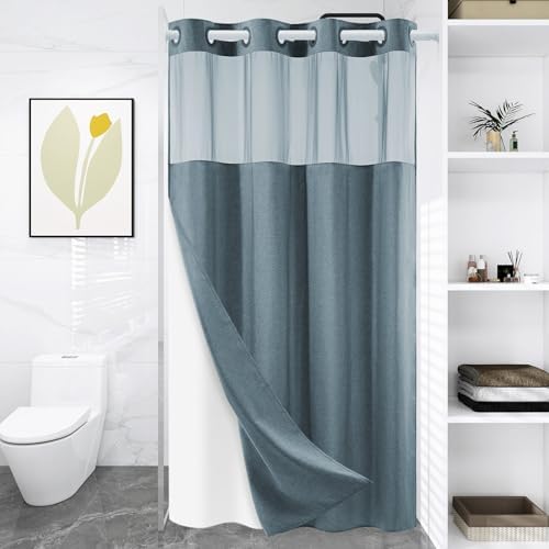WONICY No Hook Shower Curtain with Liner, Gray Blue, 54 x 80 Inch