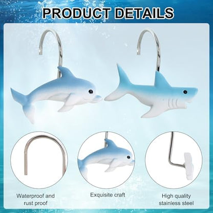 12-Piece Shark Shower Curtain Hooks for Bathroom