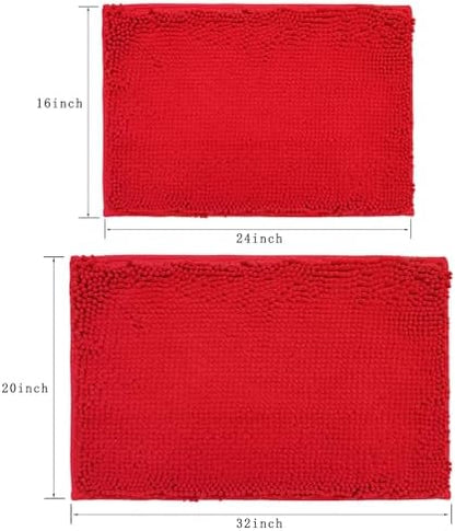 Bathroom Rugs Sets 2 Piece,Super Absorbent Soft,Thick,Machine Washable Chenille Bath Mat,Non Slip Toilet Floor Rug,Bath Mats for Bathroom,16x24 Plus 20x32 Shape,Red