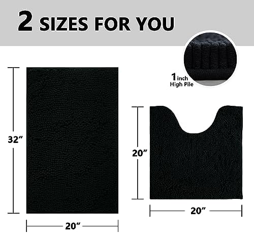 BOANKODU Bathroom Rugs Sets 2 Piece, Absorbent Bath Mat for Bathroom Very Soft Chenille Non-Slip, 32x20 Inch + 20x20 Inch U Shape Bathroom Mat, Machine Washable Bath Rugs (Black)