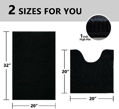 BOANKODU Bathroom Rugs Sets 2 Piece, Absorbent Bath Mat for Bathroom Very Soft Chenille Non-Slip, 32x20 Inch + 20x20 Inch U Shape Bathroom Mat, Machine Washable Bath Rugs (Black)