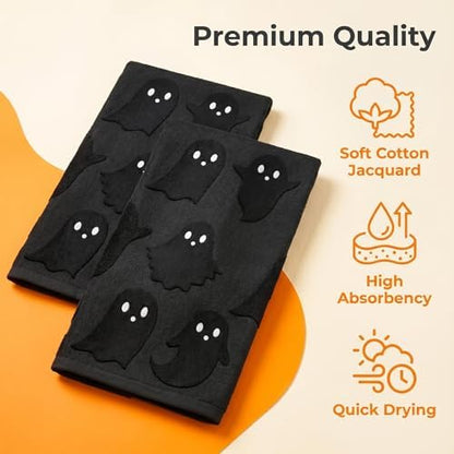 2 Pack Halloween Hand Towels 100% Cotton Jacquard Ghost Halloween Kitchen Towels White Bathroom Towels Set Seasonal Bathroom Decor (Black Ghost, Halloween)