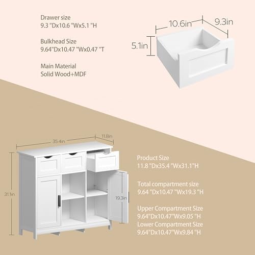 Sideboard Floor Storage Cabinet - Wooden Storage Organizer with 2 Doors and 3 Drawers, Free Standing Accent Buffet Cabinet with Adjustable Shelves for Living Room, Kitchen,Bathroom (White)