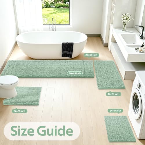 Upgrade Luxury 2 Piece Sage Green Toilet Bathroom Rug Mat U Shape 24"x20"+48"x20", Ultra Soft Thick Absorbent Bath Mats, Non Slip Chenille Toilet Mat for Bathroom, Bedroom, Kitchen, Shower, Tub