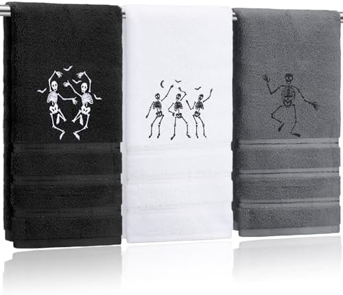 FuWeave 3 Pcs Black White Halloween Skeleton Hand Towels for Bathroom