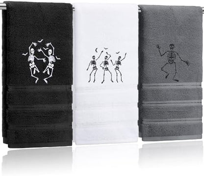 FuWeave 3 Pcs Black White Halloween Skeleton Hand Towels for Bathroom