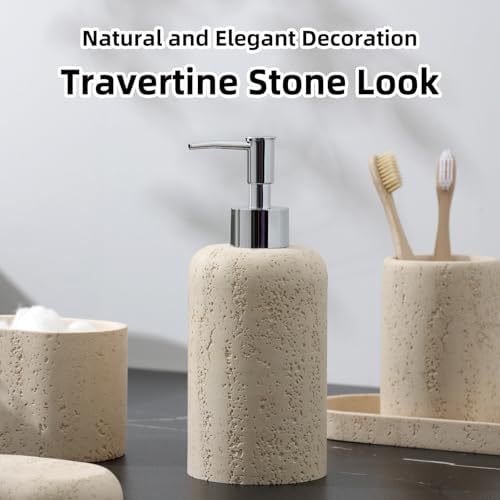 Bathroom Accessories Set, 5PCS, Travertine Stone Look, Yellow
