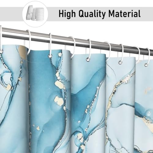 Aqua Blue Marble Shower Curtain Modern Abstract Luxury Gold Ink Texture Ombre Watercolor Bathroom Curtain Set with Hooks Soft and Lightweight Waterproof Fabric Machine Washable 66" WX72 L