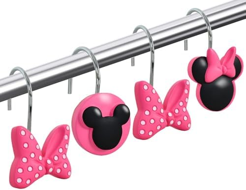 12-Piece Pink Mouse Shower Curtain Hooks for Bathroom