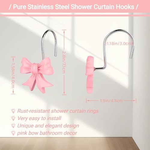 12Pcs Pink Bow Knot Shower Curtain Hooks Decorative for Curtain Rods, Coquette Girly Preppy Shower Curtain Rings, Silver Stainless Steel Metal Shower Curtain Hanger Hooks, Cute Girls Bathroom Decor