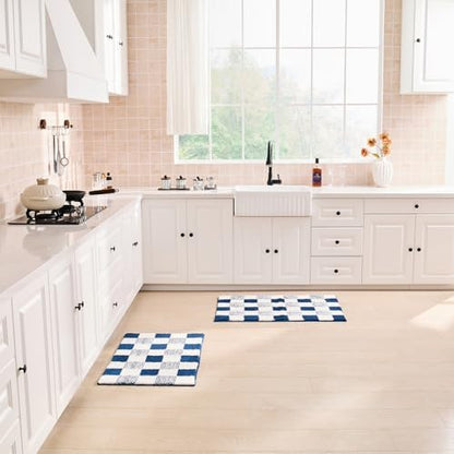 CozeCube Navy Blue Checkered Bath Mat 36"x24" Non Slip Washable Rug