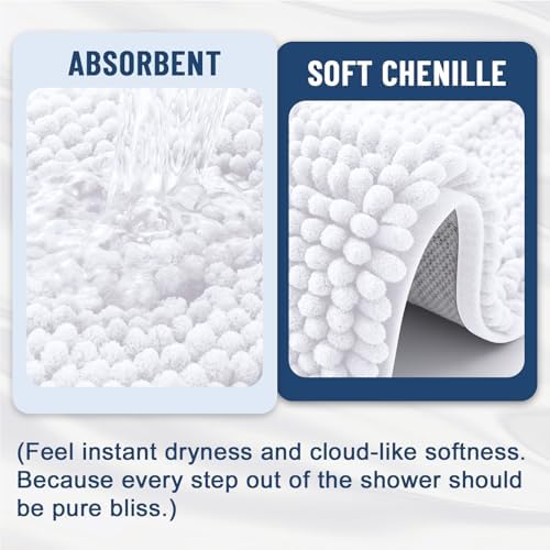Grandaily Chenille Striped Bathroom Rugs 47x20, Extra Thick and Soft Absorbent Bath Mats, Rubber Backing, Plush Shaggy Shower Carpet, Machine Wash Dry, Bath Rug for Bathroom, Solid White