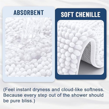 Grandaily Chenille Striped Bathroom Rugs 59x24, Extra Thick and Soft Absorbent Bath Mats, Rubber Backing, Plush Shaggy Shower Carpet, Machine Wash Dry, Bath Rug for Bathroom, Solid White