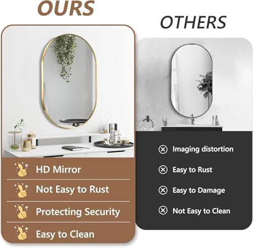 Gold Oval Mirror, 24"x36" Oval Bathroom Mirror, Vanity Mirror with Brushed Metal Frame, Wall Mount Mirrors Decor for Bathroom, Bedroom, Entryway, Living Room(Hangs Horizontally or Vertically)