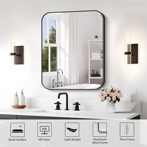 FORBATH Bathroom Mirror for Over Sink 24x30 Inch Black, Rectanglar Wall Mirror with Metal Frame, Rounded Corners for Bathroom, Bedroom, Entryway Decor (Horizontal or Vertical)