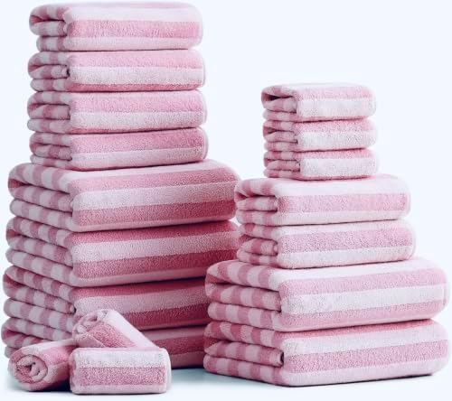 18 Pcs Pink Cabana Stripe Bath Towel Set with Hanging Loop-6 Bath Towels,6 Hand Towels,6 Washcloths Family Towels Soft Microfiber Highly Absorbent Quick Dry Shower Towel for Bathroom Beach Spa Gym