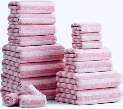 18 Pcs Pink Cabana Stripe Bath Towel Set with Hanging Loop-6 Bath Towels,6 Hand Towels,6 Washcloths Family Towels Soft Microfiber Highly Absorbent Quick Dry Shower Towel for Bathroom Beach Spa Gym