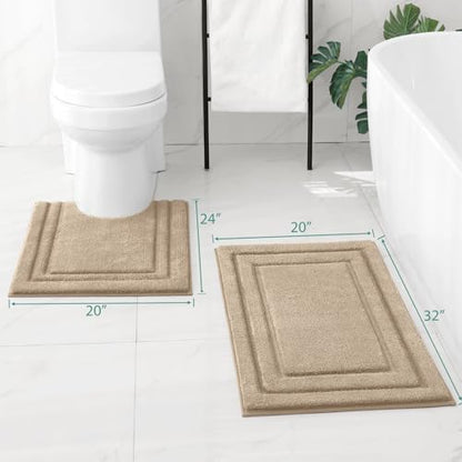 HOMEIDEAS Bathroom Rugs Sets 2 Piece, U-Shaped Toilet Rug Khaki