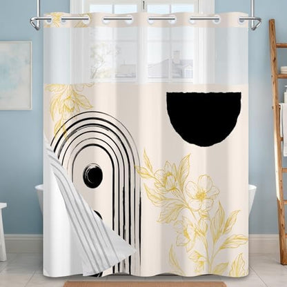 No Hook Boho Shower Curtain with Snap in Liner, 71 x 74 Inch