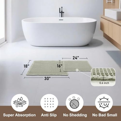 JIUZHEN Set of 2 Waffle Bath Mats Boho Bath Rugs 16x24&18x30, Sage Green