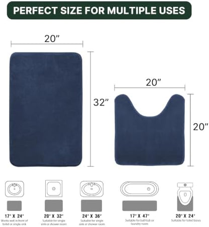 H.VERSAILTEX Bath Mat Memory Foam Set Bathroom Rug Set Flannel Velvety Bath Mat Luxury Extra Soft and Absorbent Non Slip Rugs for Bedroom Washable(Curved Set 20"x 32" Plus 20"x 20"U, Navy)