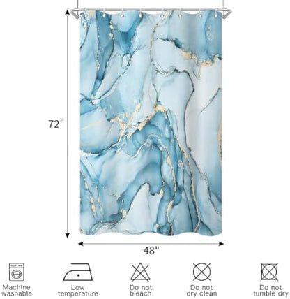 Aqua Blue Marble Shower Curtain Modern Abstract Luxury Gold Ink Texture Ombre Watercolor Bathroom Curtain Set with Hooks Soft and Lightweight Waterproof Fabric Machine Washable 48" Wx72 L