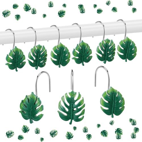 Thyle 12 Pcs Tropical Leaf Shower Curtain Hooks, Hawaiian Resin Ornament Rings Summer Shower Curtain Hooks for Bathroom Bedroom Accessories