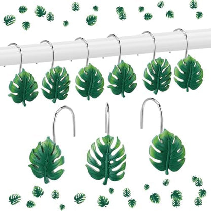 Thyle 12 Pcs Tropical Leaf Shower Curtain Hooks, Hawaiian Resin Ornament Rings Summer Shower Curtain Hooks for Bathroom Bedroom Accessories