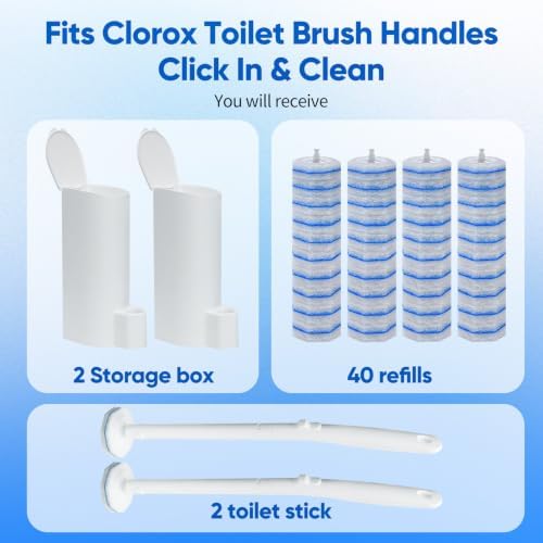 2 Disposable Toilet Brush and Holder Set, with 40 PCS Brush Head for Clorox