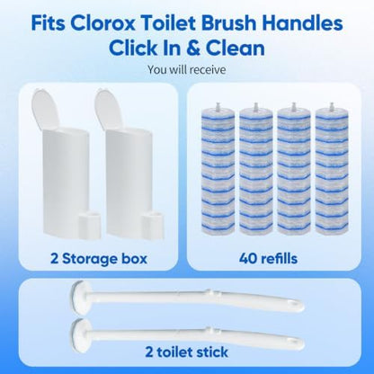 2 Disposable Toilet Brush and Holder Set, with 40 PCS Brush Head for Clorox